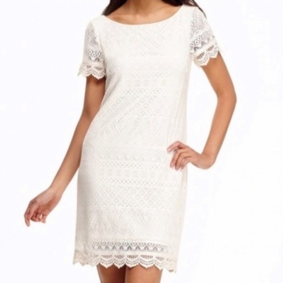 London Times Collection | Ivory Cream Crochet Lace Overay Shift Dress | Size 8 - Picture 1 of 7